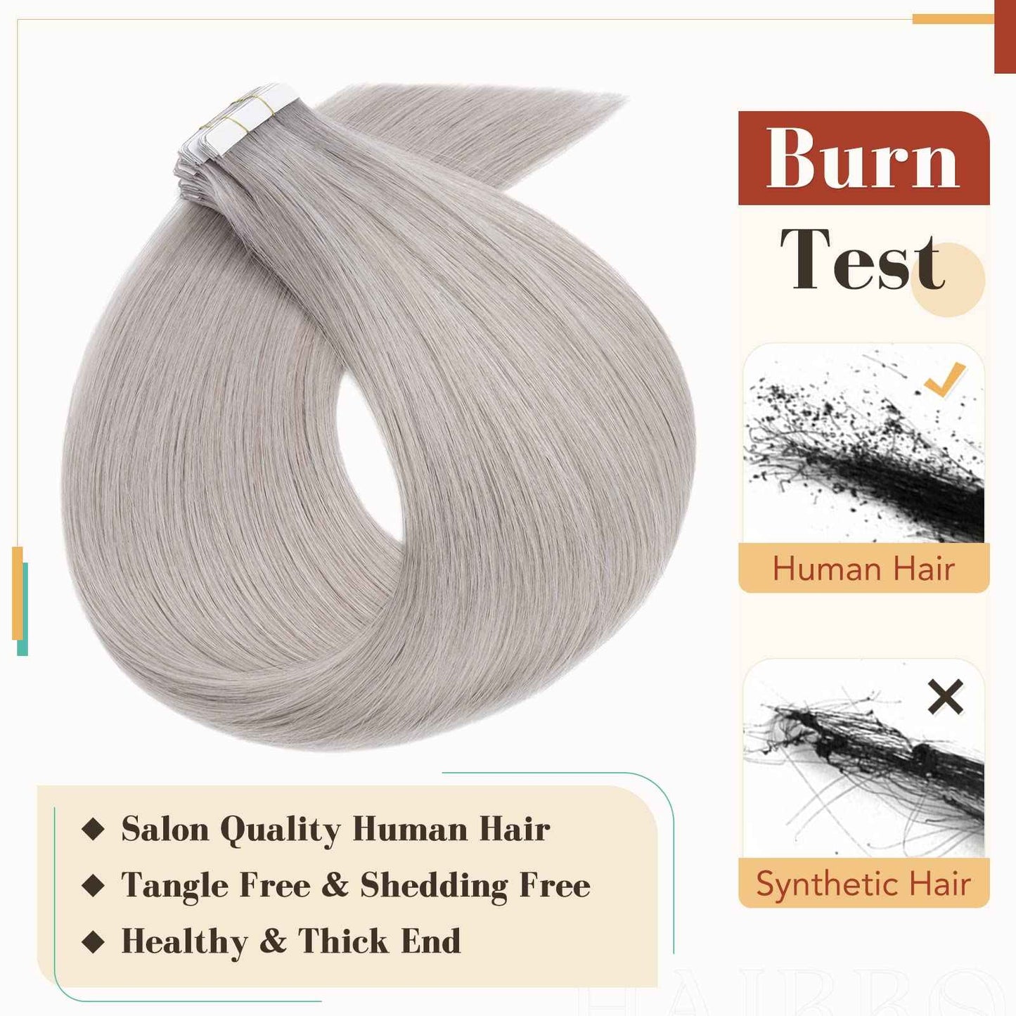Hairro Tape In Human Hair Extensions For Women Remy Tape Ins Invisible Natural Tape On Hair Extensions 24 inch 50g 20pcs #GREY