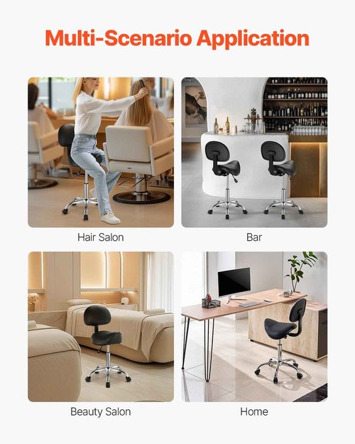 VEVOR Saddle Stool with Back Support and Wheels, 450 LBS Weight Capacity Ergonomic Rolling Stool, Height Adjustable Thickened PU Leather Swivel Saddle Chair for Salon, Spa, Massage, Tattoo, Black