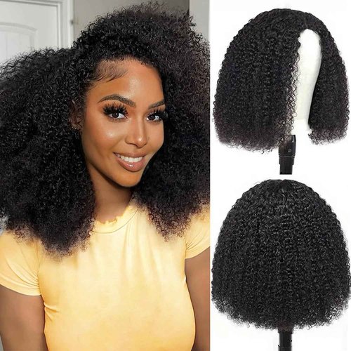 CanaryFly Afro Kinky Curly Half Wigs For Black Women 200% Density 3 In 1 Half Wig Human Hair With Drawstring Afro Curly Glueless Flip Over Wigs Quick Install Beginner Friendly, Natural Black(14inch)