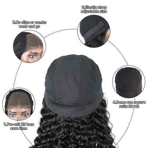 FACMOOD Wear and Go Glueless Wig Deep Wave, Glueless Wigs Human Hair Pre Plucked Pre Cut, 6x4 SKINLIKE Real HD Lace Front Closure Ready to Wear Wig Loose Curl 200% Density 22 inch