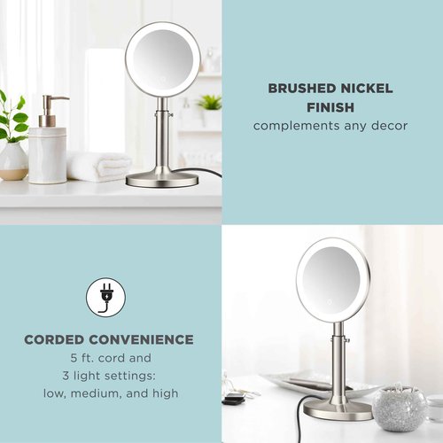 Conair Lighted Makeup Mirror, LED Vanity Mirror, 1X/5X Magnifying Mirror with Adjustable Telescoping, Corded in Brushed Nickel