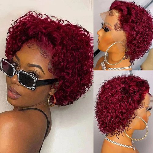 afsisterwig Short Pixie Cut Curly Styled Bob Wig Bob Burgundy Lace Front Wig Deep Short 99j Red Colored Pre Plucked Water Wave Frontal Curly Human Hair Wigs (13X4 99J Burgurdy)