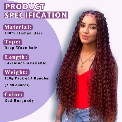 Afihond Human Braiding Hair For Boho Braids Deep Water Wave Human Bulk Hair for Braiding 12A Brazilian Virgin Human Hair Extensions for Boho Braids 3 Bundles/Pack 110g 99J Red Burgundy 24inch