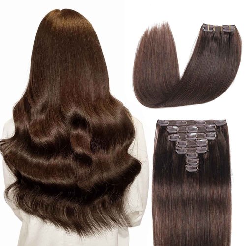 Ornate Hair Extensions Brown Real Human Hair Darkest Brown 100g Invisible Removable Thick Straight Fishing Line 8 Pieces Per Set Clip in Extensions Human Hair (4# clip in human hair, 22 inches-100g)