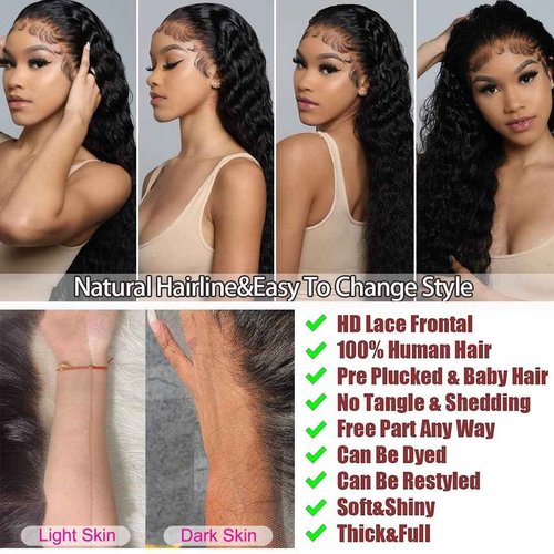 Comlen 13x6 Deep Wave Lace Front Wigs Human Hair 200 Density HD Transparent Lace Front Wig 28 inch Curly Lace Frontal Wigs for Women Pre Plucked Natural Black