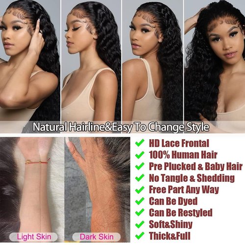 13x6 Deep Wave Lace Front Wigs Human Hair 200 Density HD Transparent Lace Front Wig 24 inch Curly Lace Frontal Wigs for Women Pre Plucked Natural Black