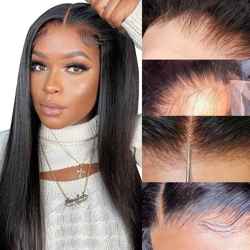 Derun 5x5 Real HD Lace Closure Wigs Human Hair 180% Density Invisible Swiss Lace Front Straight Wig Pre-plucked with Baby Hair Hairline Bleached Knots and Elastic Band Wig for Women (18 Inch, 5×5 ST)