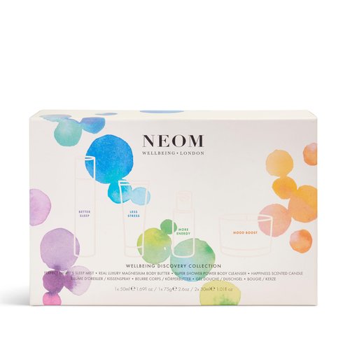 NEOM- Wellbeing Discovery Collection | Perfect Night's Sleep Pillow Mist, Happiness Travel Candle, Real Luxury Magnesium Body Butter & Super Shower Power Cleanser | Gift Set