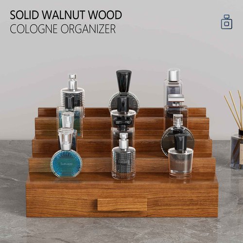 Sueuapp Cologne Organizer for Men,4 Tier Walnut Wood Cologne Stand,Cologne Shelf Display Holder with Hidden Storage and Drawer,Perfume Stand Organizer Great Gift for Men,Walnut