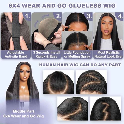 Dheridy 210% Density 6x4 Wear and Go Wigs,100% Human Hair, [2-Year Life, 205g], Straight Glueless Closure Wigs Human Hair Pre Plucked Pre Cut, Tiny Knots Middle Part Skinlike HD Lace Wig 24 Inch