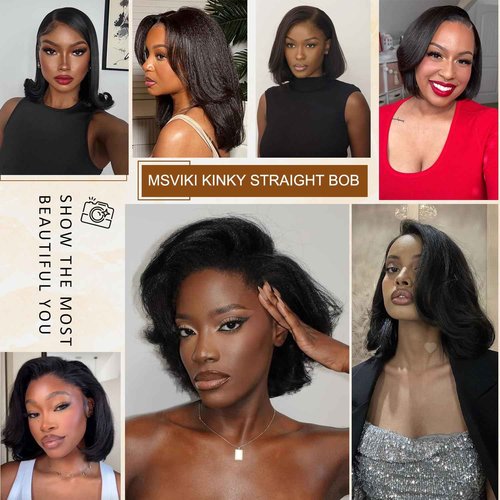 Msviki 4C Edges Baby Hair Kinky Straight Human Hair Wig Glueless Side Part Short Yaki Bob Wig Human Hair Thick End UHD 13x4 Lace Front Wig Pre-Bleached Natural Color Brazilian Virgin Hair 10"