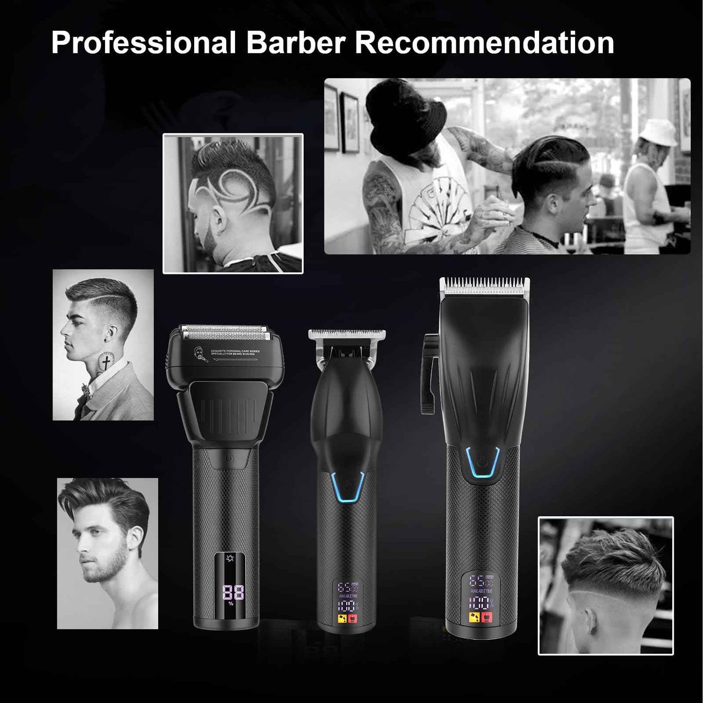 Professional Hair Clippers for Men - Cordless Beard Trimmer Electric Razor Foil Shavers, Barber Clippers Hair Trimmer Rechargeable Hair Grooming Kit, LCD Display, Gifts for Men (Black)