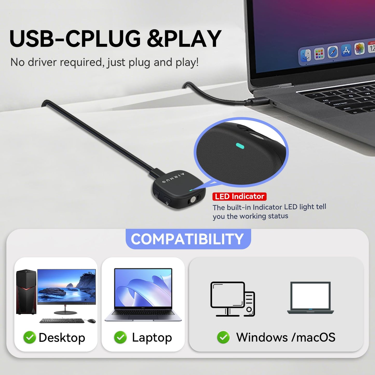 AIRHUG Conference USB Microphone, Desktop Computer Mic, Noise Canceling, Mute Button & LED Indicator, Plug & Play for Video Conference, Gaming, Online Class, Compatible with Windows & MacOS