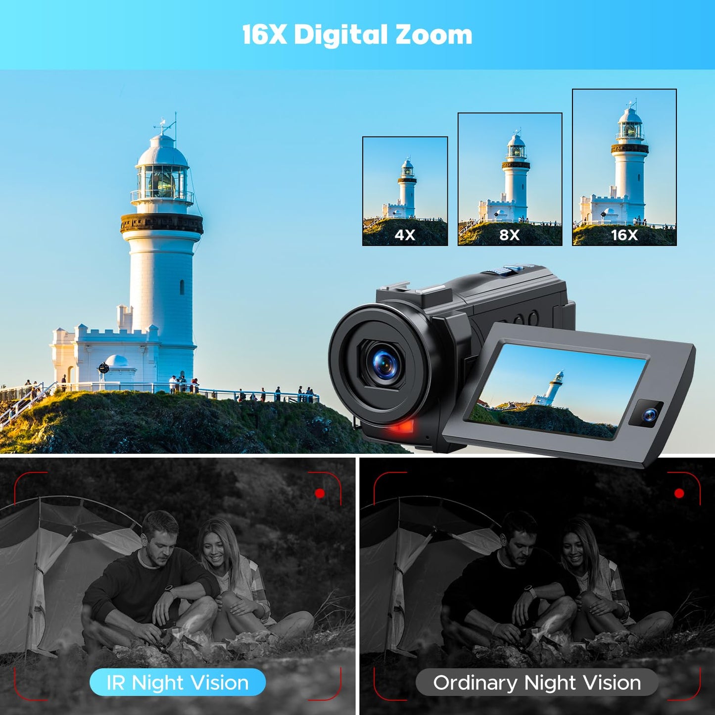 5K Camcorder Video Camera 56MP 16X Dual Lens Vlogging Camera for YouTube with WiFi & Night Vision, 3" 270° Touch Screen Cam corder - Includes 64GB SD Card, 2 Batteries, Tripod, Mic, Remote, Lens Hood