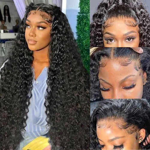 Kdmidun 13x6 Deep Wave Lace Front Wigs Human Hair 200% Density 13x6 HD Transparent Lace Frontal Wigs Human Hair for Women Glueless Deep Curly Wig Pre Plucked With Baby Hair Natural Black 28 Inch