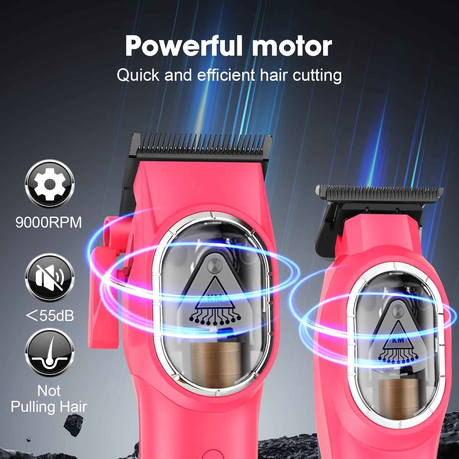 KEMEI Hair Clipper and Trimmer Set Professional Cordless Hair Clipper for Men, Electric Barber Clipper Hair Cuttings Kit, 9000 RPM Motor, DLC T-Blade Trimmers for Men with LCD Display, KM-8502, Pink