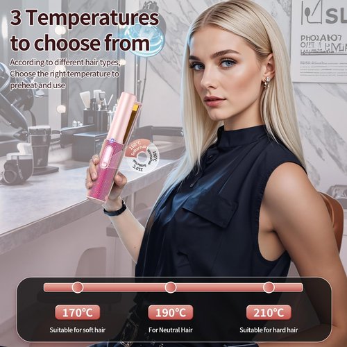Feitenn Premium Diamond Cordless Hair Straightener Curler - Wireless Styling Iron for Travel,5000mAh Fast USB-C Charge, 3 Heat Settings, Quiet Frizz-Free Hair Care, Gift for Women (Pink)