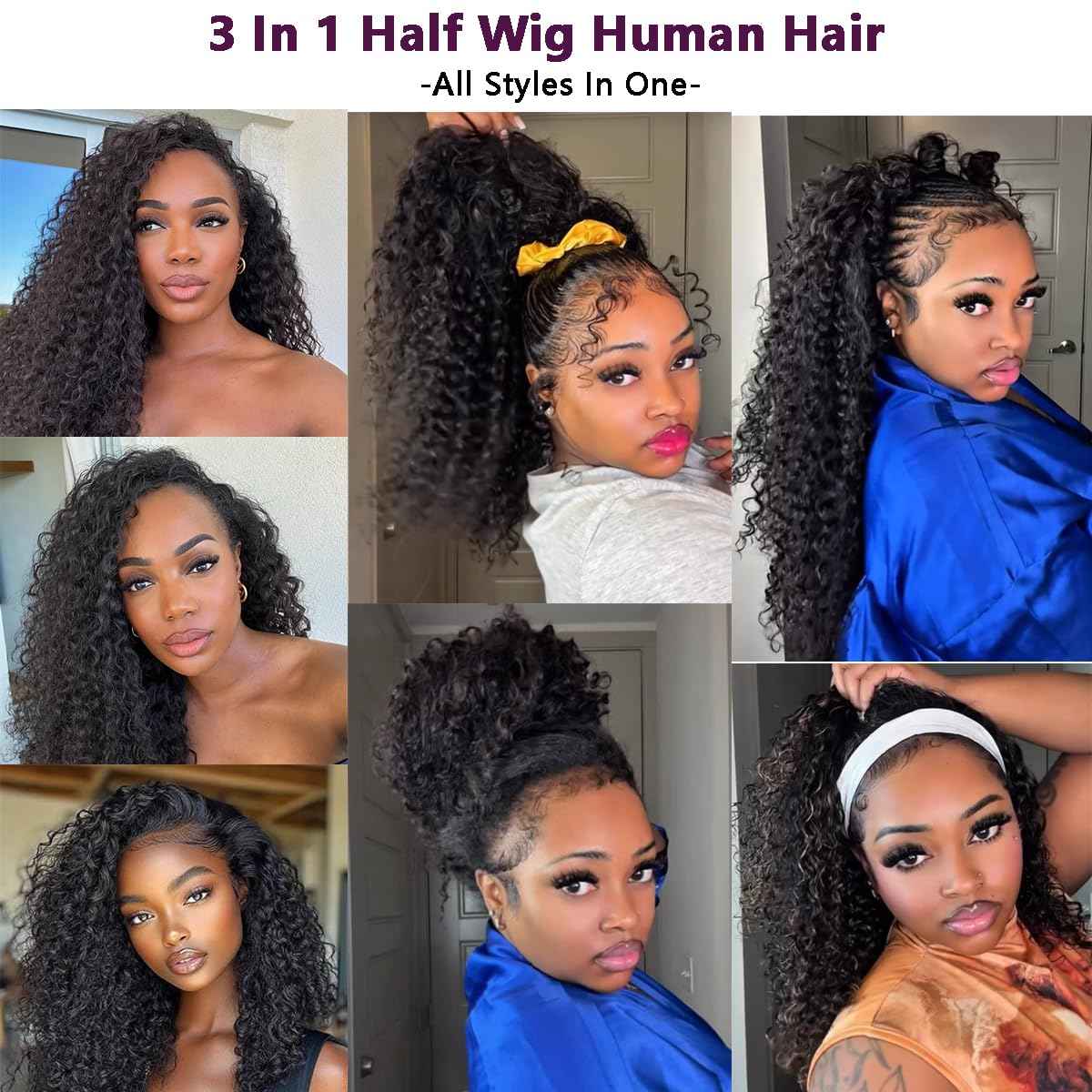 Half Wig Human Hair Water Wave 220% Density 3 In 1 Seamless Flip Over with Adjustable Drawstring 18 Inch Wear Go Glueless Wigs Wet and Wave Curly Half Wigs for Women Headband Wig Beginner Friendly