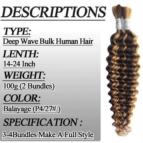 24 Inch Deep Wave Bulk Human Hair For Braiding 100g/2 Bundles Human Braiding Hair For Boho Braids 12A No Weft Deep Wave Curly Human Hair Extensions Balayage(100g,24inch,P4/27#）