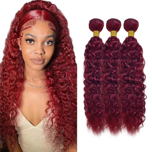 Fabimiya Human Hair Bundles Burgundy 99J Water Wave 18 20 22 Inch Bundles Human Hair 100% Unprocessed Burgundy Soft Sewn In Hair with Double Weft for Black Women