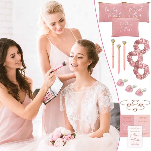KIKINIKO 56 pcs Bridesmaid Gift Set, Pink: 16oz Glass Cups, Makeup Bags, Invitation Cards, Scrunchies, Hair Bracelets, Diamond Pens, Love Clips - Perfect for Bridesmaids or Special Occasions