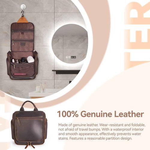 MCKDERWRILL Versatile Genuine Leather Travel Hanging Toiletry Bag, A Dark Brown Hanging Makeup Organizer for Men or Women, Water-resistant Shaving Kit Bag Suitable for Camping and Travel Trips