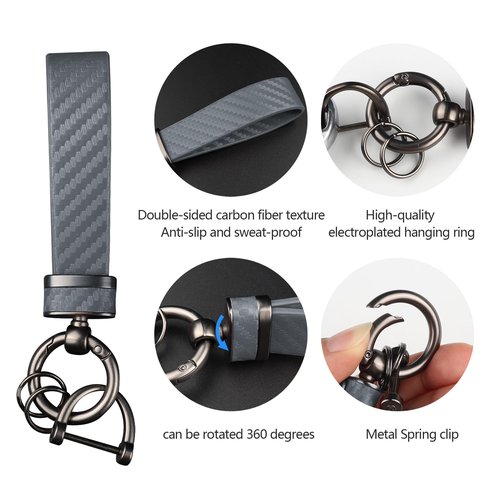 Turcee Carbon Fiber Car Keychain,Automotive Interior Accessories Keychains Leather Car Key Fob,Car Accessories Key Ring&Anti-Lost D-Ring(Premium Grey)