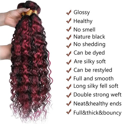 Fabimiya 16 18 20 inch Burgundy P1B/99J Deep Wave Human Hair Bundles Wine Red Human Hair Bundles Unprocessed Burgundy Soft Sewn In Hair with Double Weft for Black Women