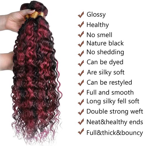 Fabimiya 22 24 26 inch Burgundy P1B/99J Deep Wave Human Hair Bundles Wine Red Human Hair Bundles Unprocessed Burgundy Soft Sewn In Hair with Double Weft for Black Women