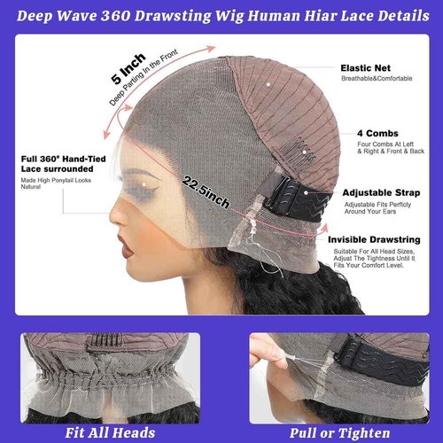 RJAOB Hidden Strap 360 Deep Wave Lace Front Wigs Human Hair 180 Density HD 360 Full Lace Front Wigs Human Hair Pre Plucked 22 Inch Drawstring Wig Human Hair For Women