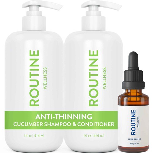 Routine Wellness Shampoo and Conditioner Set and Hair Serum for Stronger Hair - Biotin | Color Safe | Sulfate-Free | Vegan | Clinically Tested | Nourishing Oils and Vitamins - Cucumber
