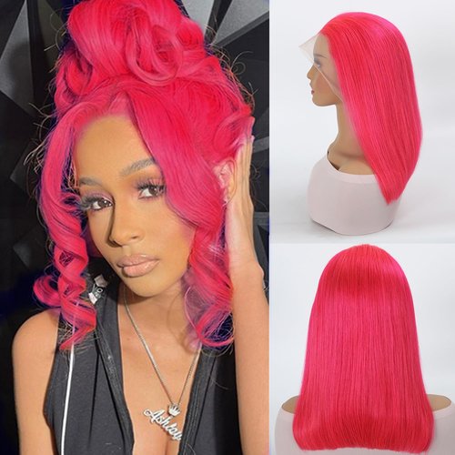 SEXAY Pink Bob Wigs 13x4 HD Lace 100% Human Hair Front Wig Brazilian Unprocessed Virgin Human Hair Wigs Pre Plucked Natural Hairline Transparent Lace Pink Front Bob for Women (14")