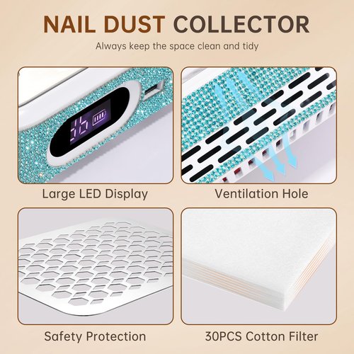 CHRISTINE SHELLY Nail Dust Collector, Rechargeable Dust Collector Nail Tech, Powerful Vacuum Fan Vent Dust Collector Extractor Dust Suction Machine for Acrylic Nails Polishing, Nail Salon&Home, Blue