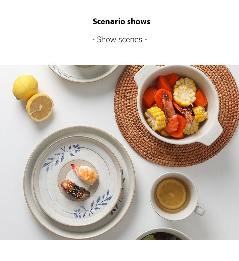 Retro Simple Rice Bowl Set - Household Kitchen Dinnerware with Flower Pattern