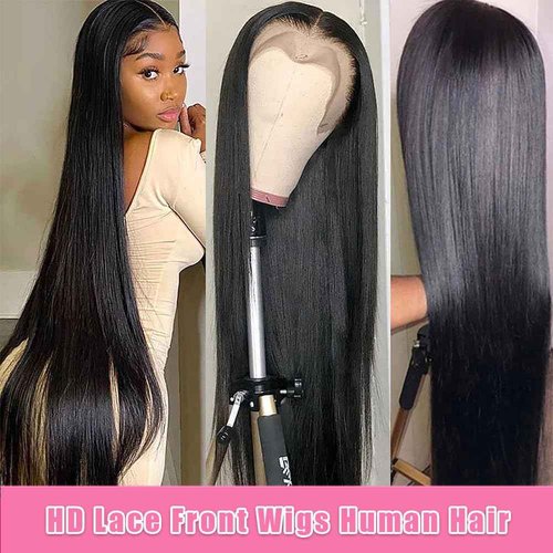 QWedafy Straight Lace Front Wigs Human Hair Pre Plucked 200 Density 13x4 HD Transpatent Human Hair Wigs for Black Women Straight Lace Frontal Wigs Natural Color (26inch)