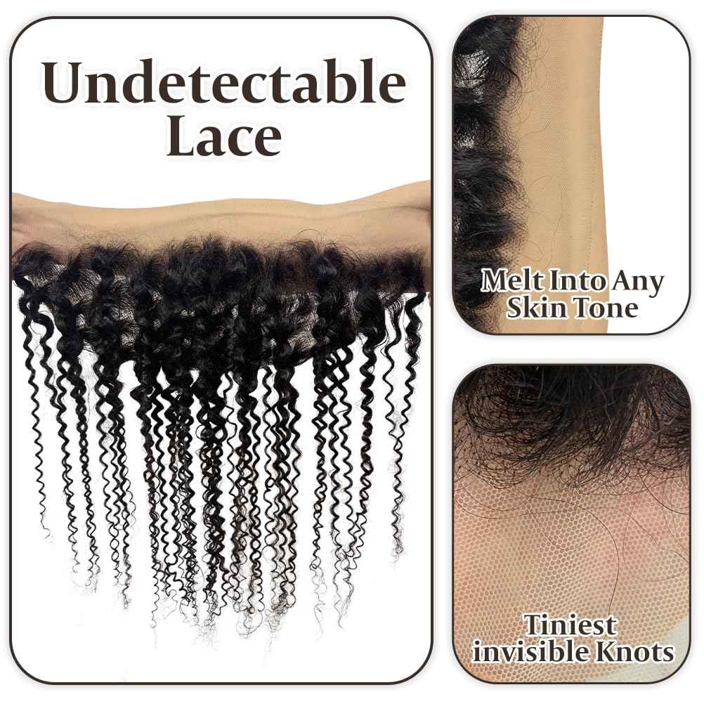 13x4 Lace Frontal Closure Kinky Curly Ear to Ear HD Lace Frontal Pre Plucked with Baby Hair 18 Inch Free Part Brazilian Human Hair Extensions 150% Density Natural Black