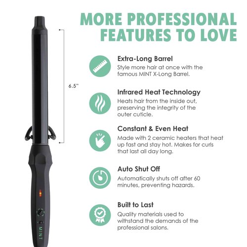 MINT Professional Clamp-Free Curling Wand 1 Inch for Long Hair | Extra Long Curl Wand w 4-Heater Ionic Ceramic Tourmaline Barrel | Best Curling Wands | Adjustable 230-430°F | Worldwide Dual Voltage