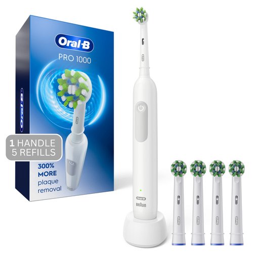 Oral-B Pro 1000 CrossAction Electric Toothbrush, Black with 4 Replacement Brush Heads