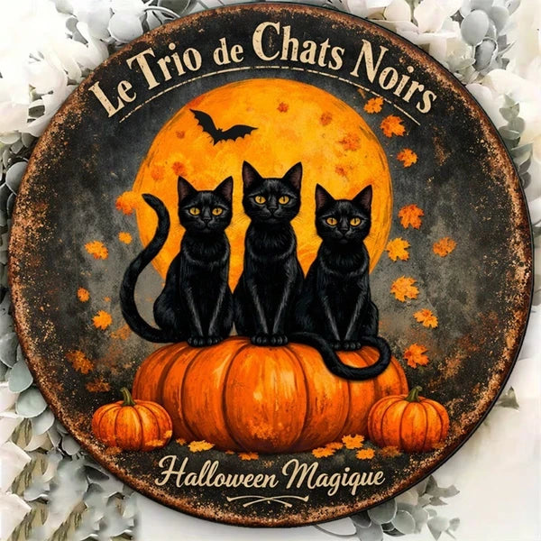 Vintage Metal Tin Sign - 8x8 Inch Round Plaque with Three Black Cats