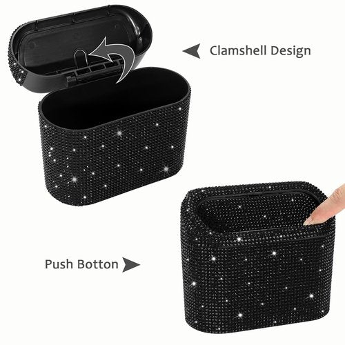 Accmor Bling Car Trash Can with Lid, Mini Vehicle Garbage Organizer Storage Bin Dustbin, Sparkling Crystal Rhinestone Holder Container with 30pcs Garbage Bags Car Accessories
