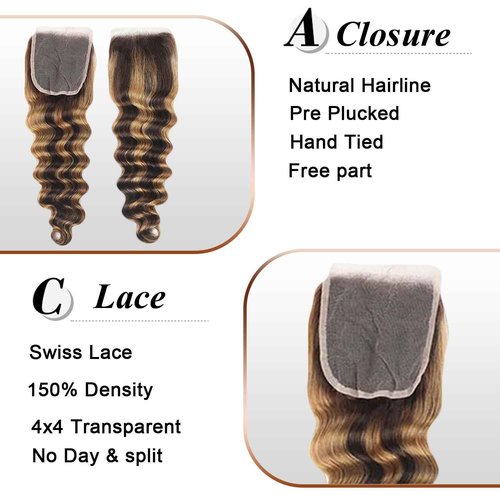 Loose Deep Wave Bundles With Closure Human Hair 16 18 20+16inch Ombré Highlight Loose Deep Wave Bundles Human Hair with 4x4 Lace Closure Brown Highlight Colored