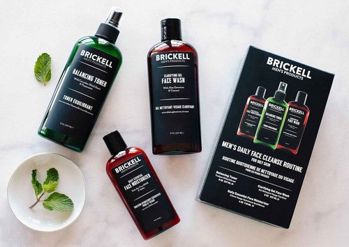 Brickell Men's Daily Face Cleanse Routine for Oily Skin, Alcohol Free Toner, Gel Facial Wash and Moisturizer, Natural and Organic, Scented