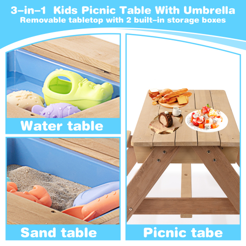 3-in-1 Kids Outdoor Wooden Picnic Table with Umbrella & Sand/Water Kettle