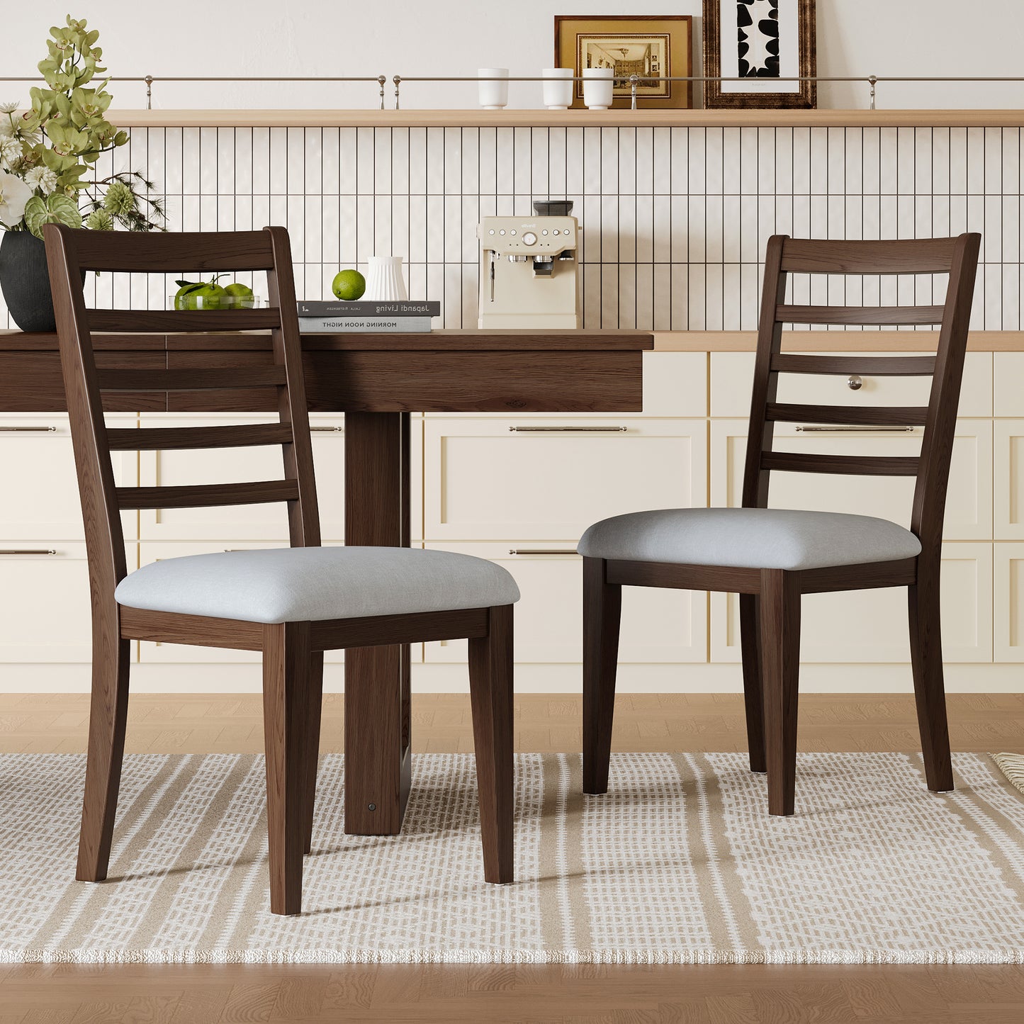 2-Piece Farmhouse Dining Chairs Set, Upholstered With High Ladder