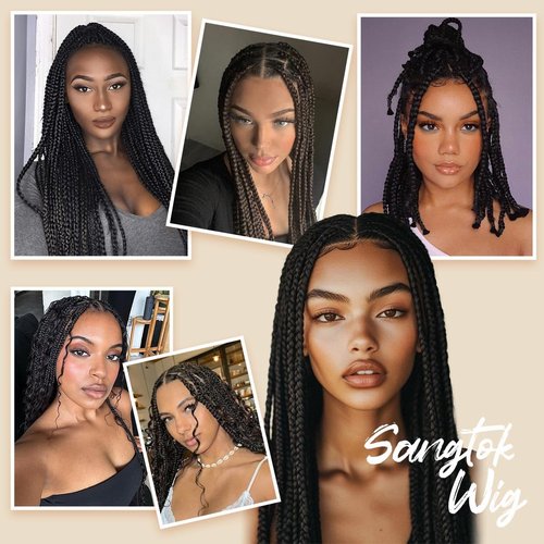 Sangtok 36 inch Knotless Box Braid Wigs, 360 Single Full Lace Braided Wigs for Black Women, Synthetic Black Braided Lace Wig
