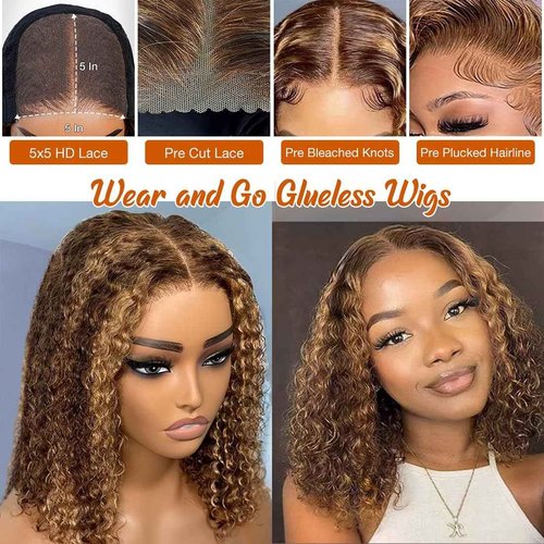 Glueless Wigs Human Hair Pre Plucked Pre Cut Wear and Go 5x5 HD Lace Closure Wigs Human Hair Deep Wave Wig P4/27 Honey Blonde Ombre Highlight Lace Front Wig Human Hair Wig 180% Density 16 Inch