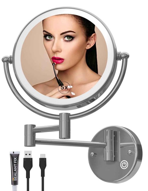 Wall Mounted Lighted Makeup Mirror with Magnification 5X, Rechargeable Magnifying Shaving Cosmetic Mirror with Extendable Swing Arm for Bathroom, Touch Stepless Dimming, Chrome