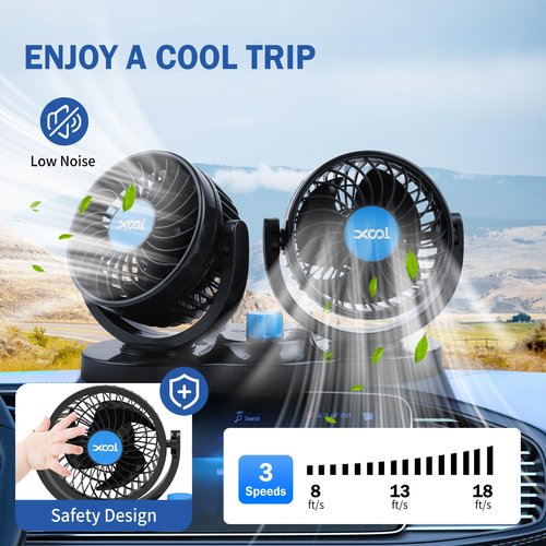 XOOL Car Fan 12V Portable Auto Cooling Fan, Dual Head Electric Car Fans Cigarette Lighter 360 Degree Rotatable Vehicle Fans for Truck SUV Sedan RV Van Boat Golf Cart