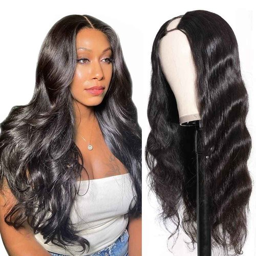 U Part Human Hair Wig Body Wave Drawstring Wig 180% Density U Part Wig Brazilian Virgin Human Hair wigs for Women Full Head Clip in Half Wigs Glueless No Leave Out Lace Front Wig Natural Color 18inch