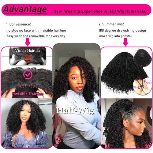 Glueless Half Wigs Human Hair Kinky-Curly Headband Wig Upgrade 3 In 1 Half Wig with Drawstring Seamless Clip Ins Flip Over 200 Density Curly Human Hair Wig For Black Women 16 Inch